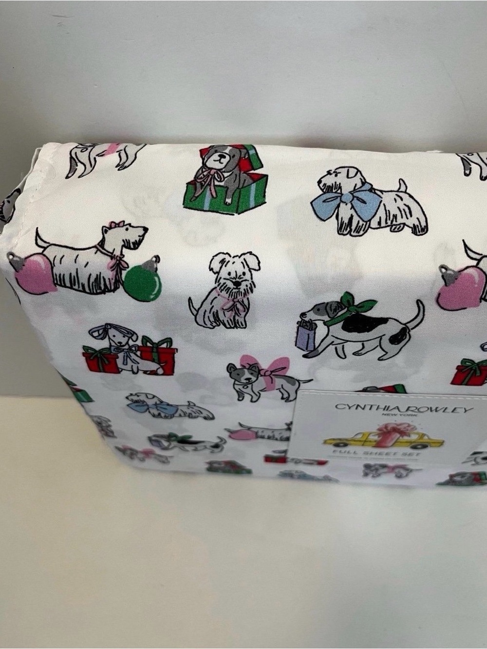 Cynthia Rowley Puppy Cheer Full Size Sheet Set Presents Bows Ornaments Gifts - Picture 6 of 11